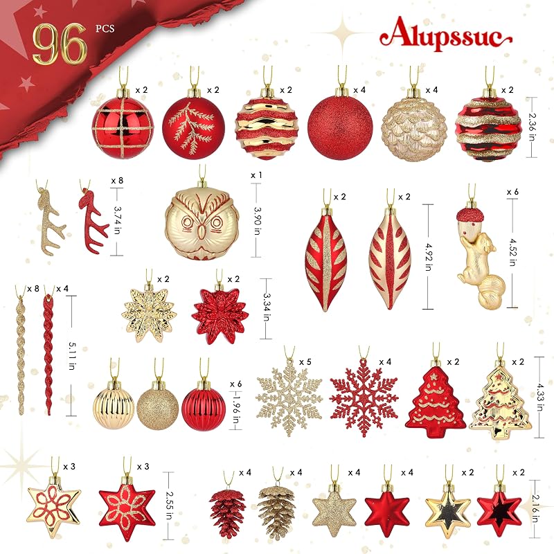 Christmas Tree Ornaments Set 96pcs - Shatterproof Plastic Baubles with Forest Animal Designs in Red & Gold