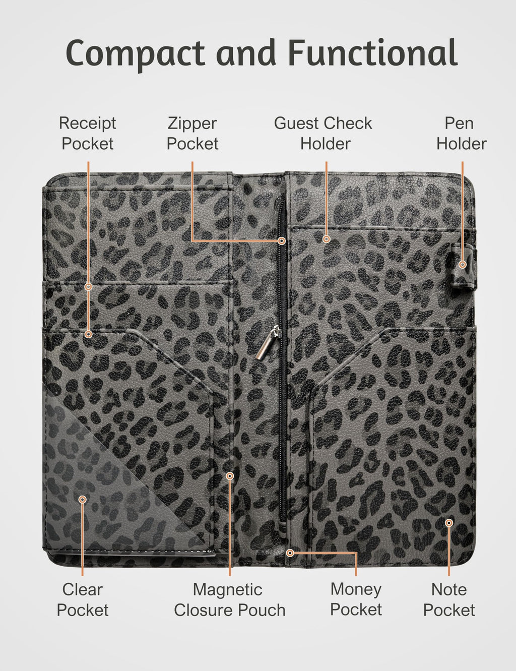 Server Book for Waitress Book with Zipper Pocket and Magnetic Closure, 5"×9" Grey Leopard Cute Server Wallet with Money Pocket, Restaurant Waitstaff Organizer Fit Server Apron