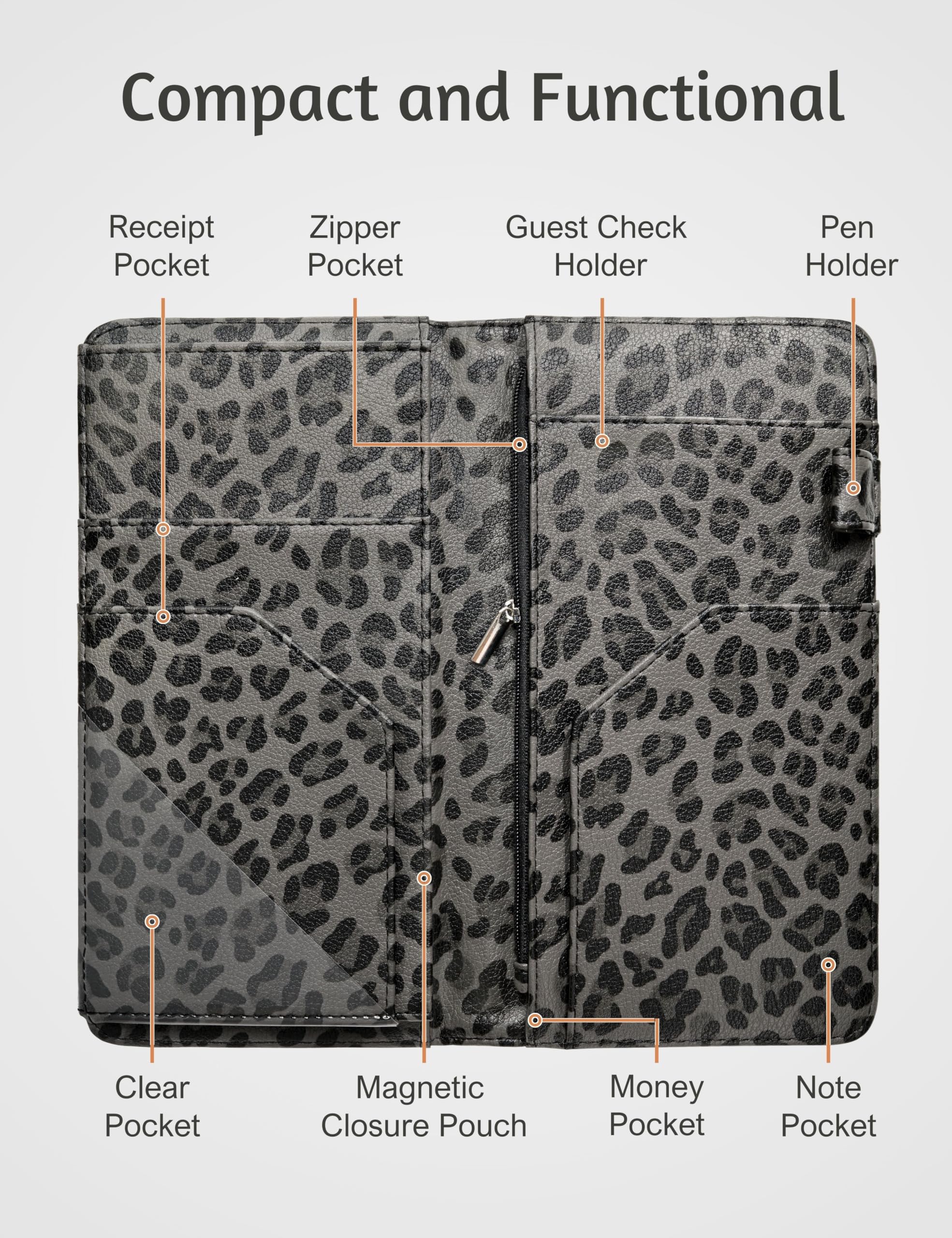 Server Book for Waitress Book with Zipper Pocket and Magnetic Closure, 5"×9" Grey Leopard Cute Server Wallet with Money Pocket, Restaurant Waitstaff Organizer Fit Server Apron