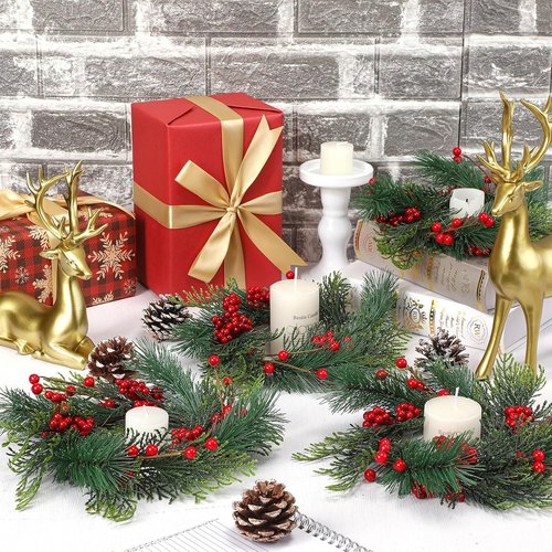 Knitgrip Mini Christmas Candle Rings - Red Berry Pinecone Wreaths for Holiday Table Centerpieces