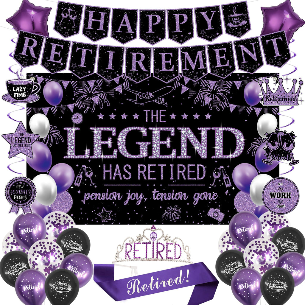 Roetyce Retirement Party Decorations Women, Black and Purple Happy Retirement Banner Backdrop Balloons Hanging Swirls for Coworker, Lengend Has Retired Sash & Crown, Office Retired Background