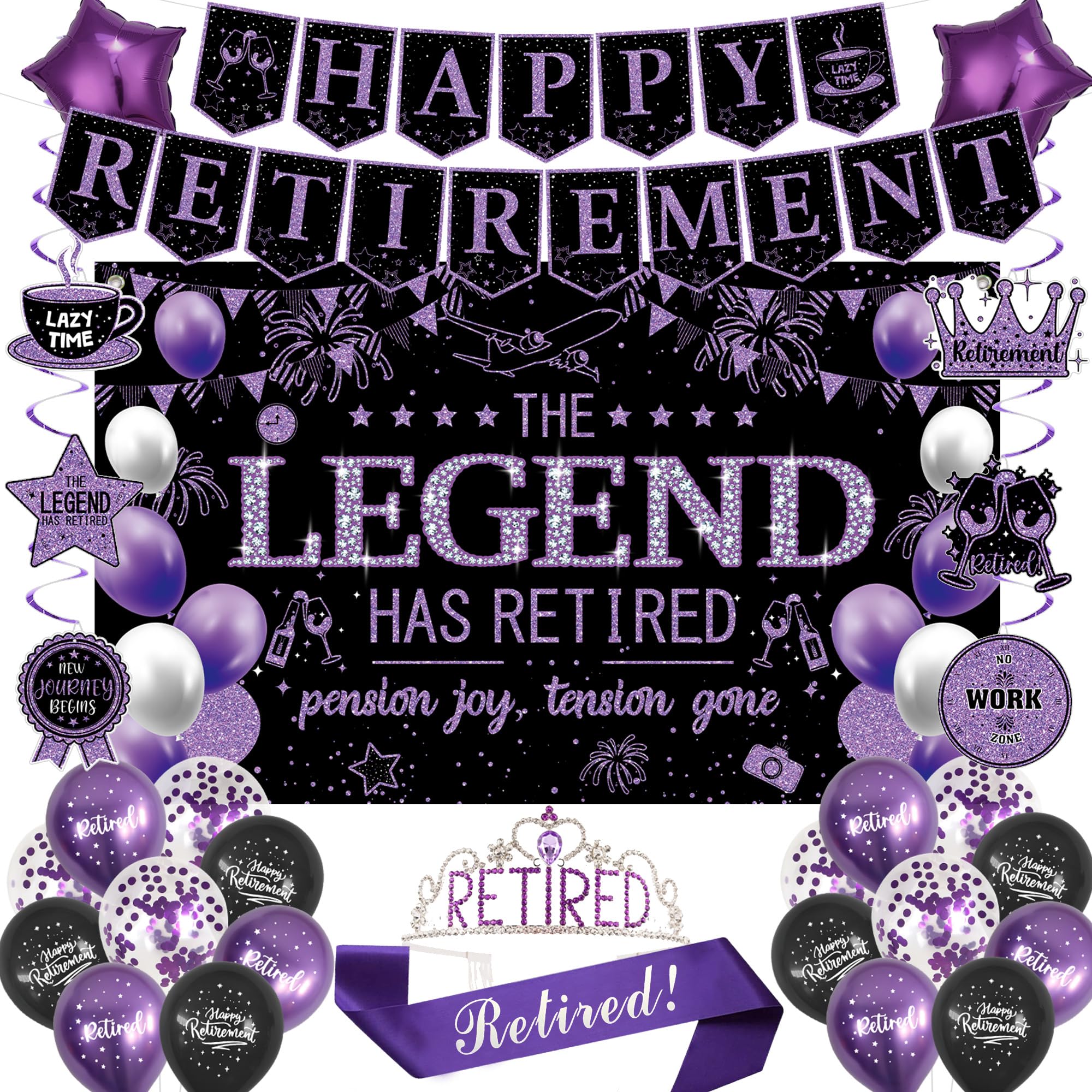 Roetyce Retirement Party Decorations Women, Black and Purple Happy Retirement Banner Backdrop Balloons Hanging Swirls for Coworker, Lengend Has Retired Sash & Crown, Office Retired Background