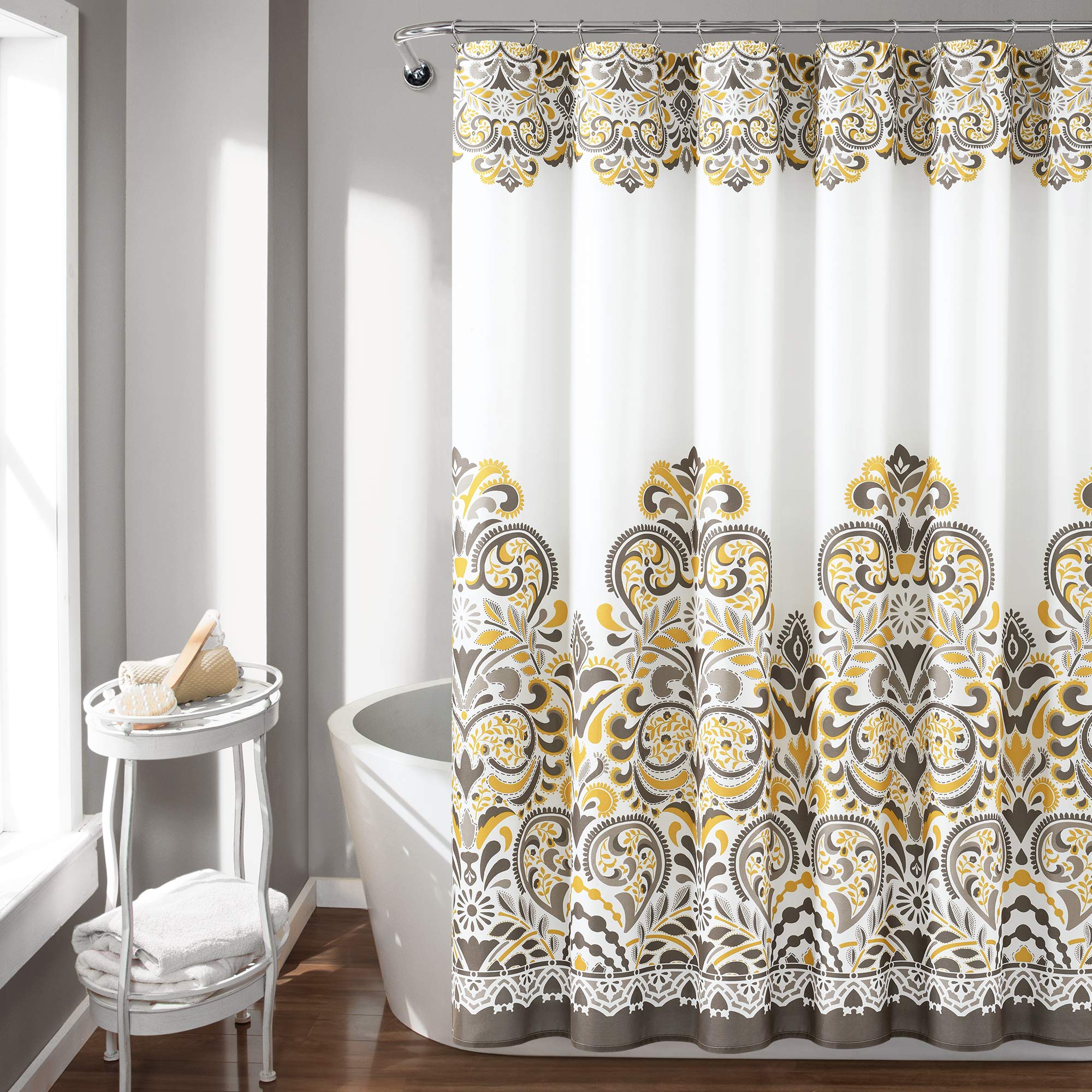 Lush Decor Clara Shower Curtain-Fabric Colorful Boho Paisley Damask Print Design, 72 x 72 Yellow and Brown