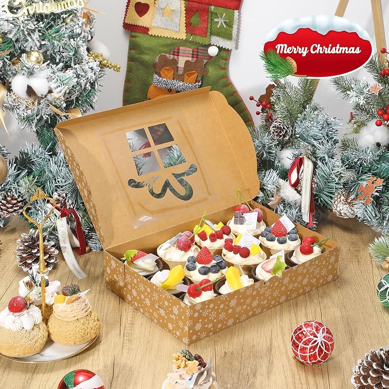 COTOPHER 30Pcs Christmas Cookie Boxes with Window, 12x8x2.5in - Brown Variation