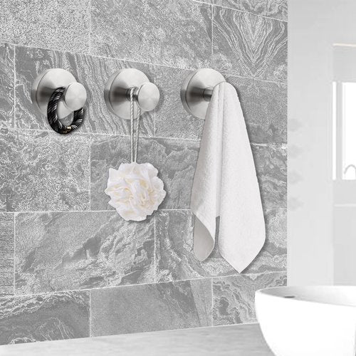 Suction Cup Hooks for Bathroom and Shower - Brushed Nickel Adhesive Hooks for Towel, Loofah - Removable Hook for Kitchen, Glass, Mirror, Door, Tile - Ideal for Coat, Wreath, Hanging Needs (Pack of 2)