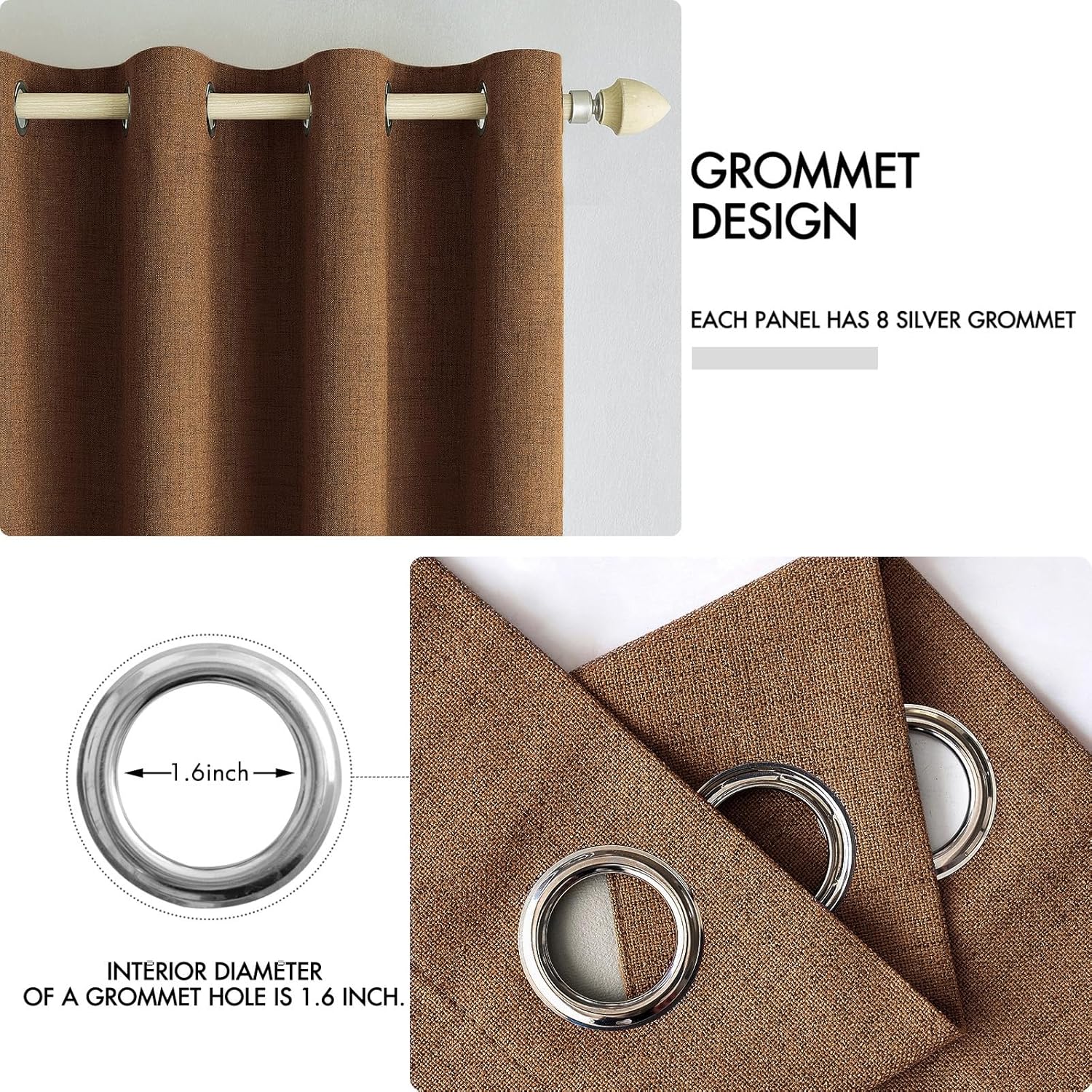 MIULEE Linen Curtains - 100% Blackout Thermal Insulated Drapes | Brown Grommet 52 x 54 Inch (2 Panels)