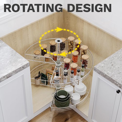 DWVO 31″ Kidney 2-Tier Lazy Susan – Telescoping Mount Corner Cabinet Organizer with Pie-Shelf Design, for Bathroom,Kitchen Cabinet Blind Corners (Chrome, 270° Adjustable)