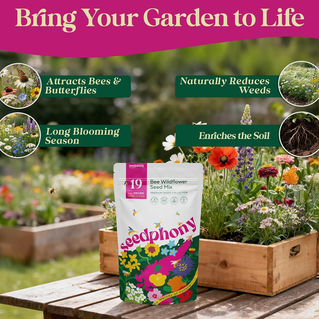 Seedphony Wildflower Seeds Mix - 100,000 Non-GMO Heirloom Seeds for Pollinators | 4oz Waterproof Packet