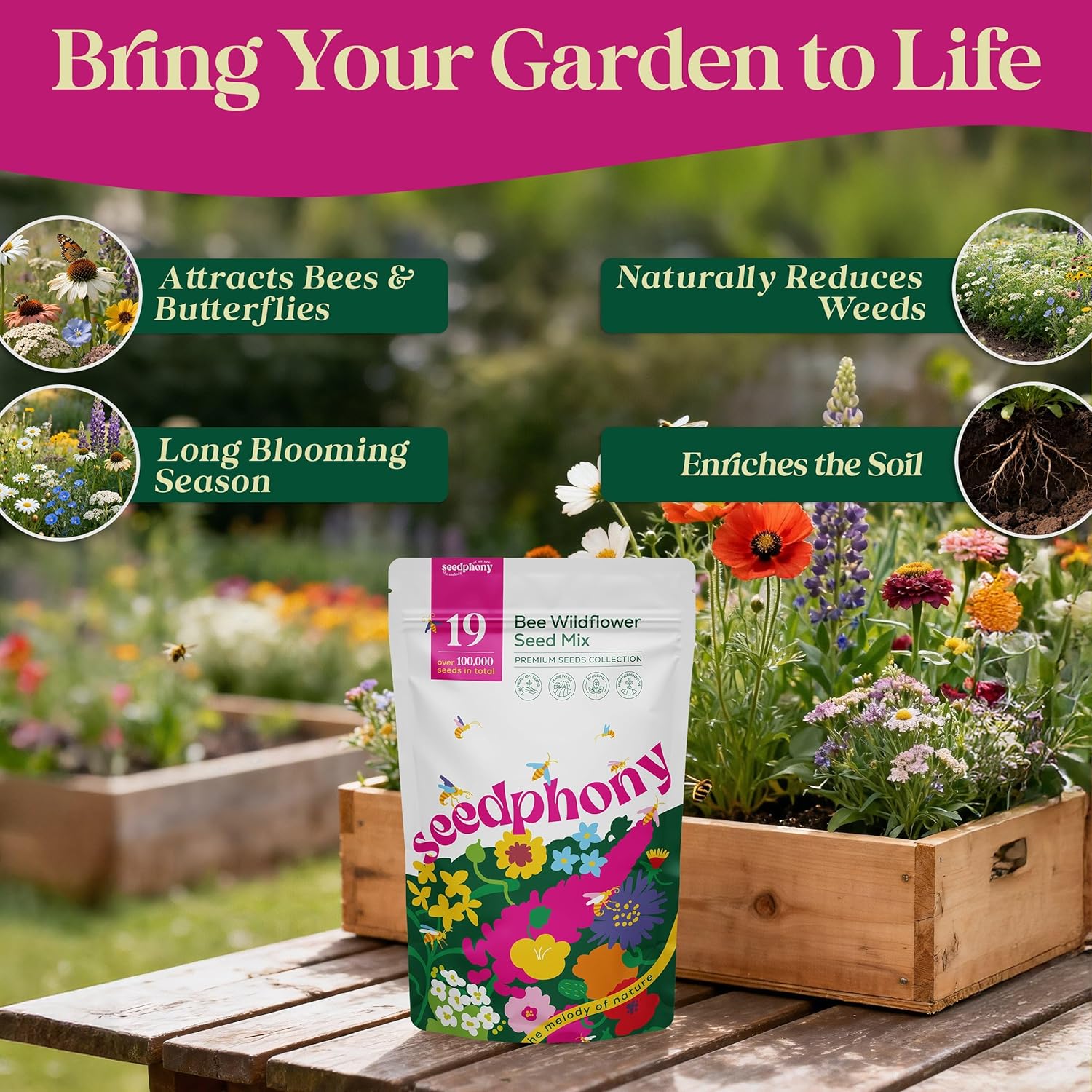 Seedphony Wildflower Seeds Mix - 100,000 Non-GMO Heirloom Seeds for Pollinators | 4oz Waterproof Packet