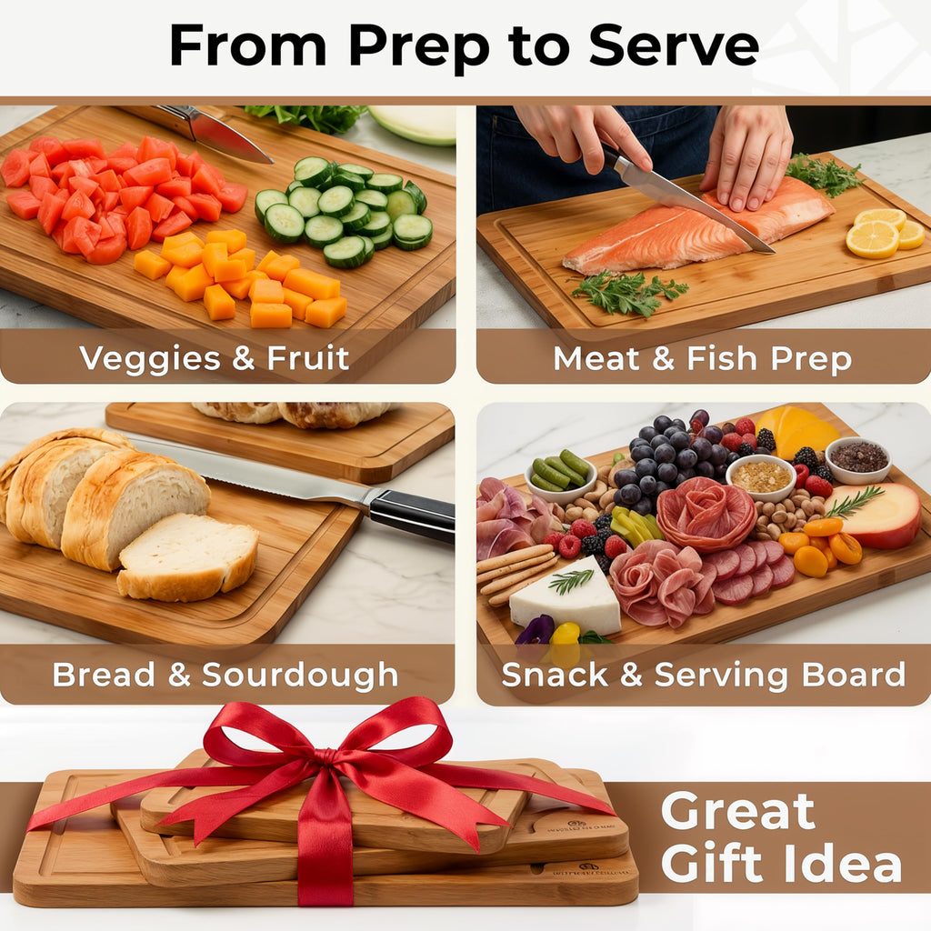 Wood Cutting Board Set of 3 with Holder - Sturdy & Easy to Clean Bamboo Wooden Cutting Boards for Kitchen - 3 Sizes of Chopping Board with Juice Grooves for Meal Prep, Everyday Use, Housewarming Gift