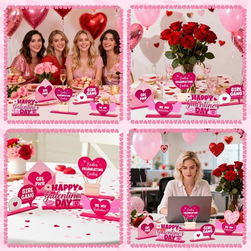 A1diee Galentine's Day Wooden Table Signs Decor- 5Pcs Pink Heart Tiered Tray Centerpieces, Cute Valentine's Day Love Letter Freestanding Table Decoration Signs for Home Happy Galentine Party Birthday