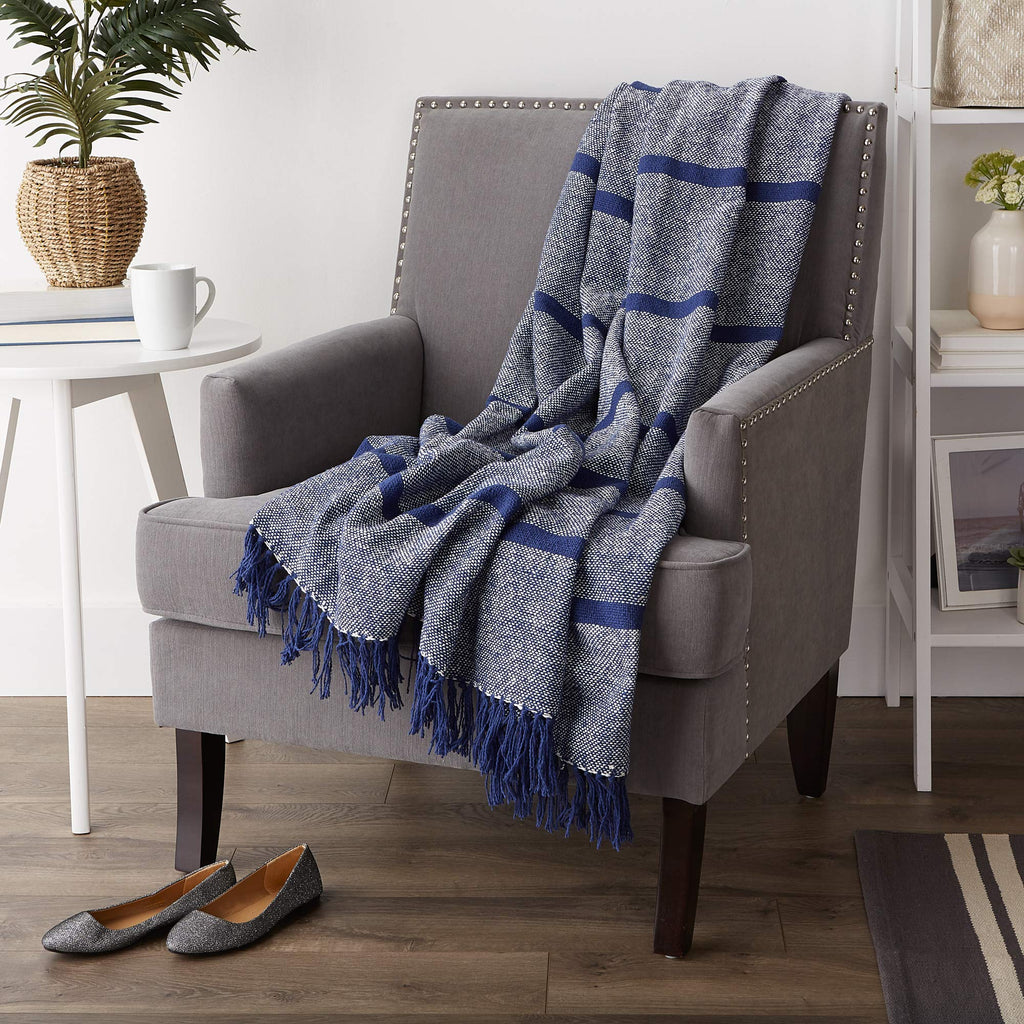 DII Navy Stripe Homespun Throw, 50x60 with 2.5" Fringe