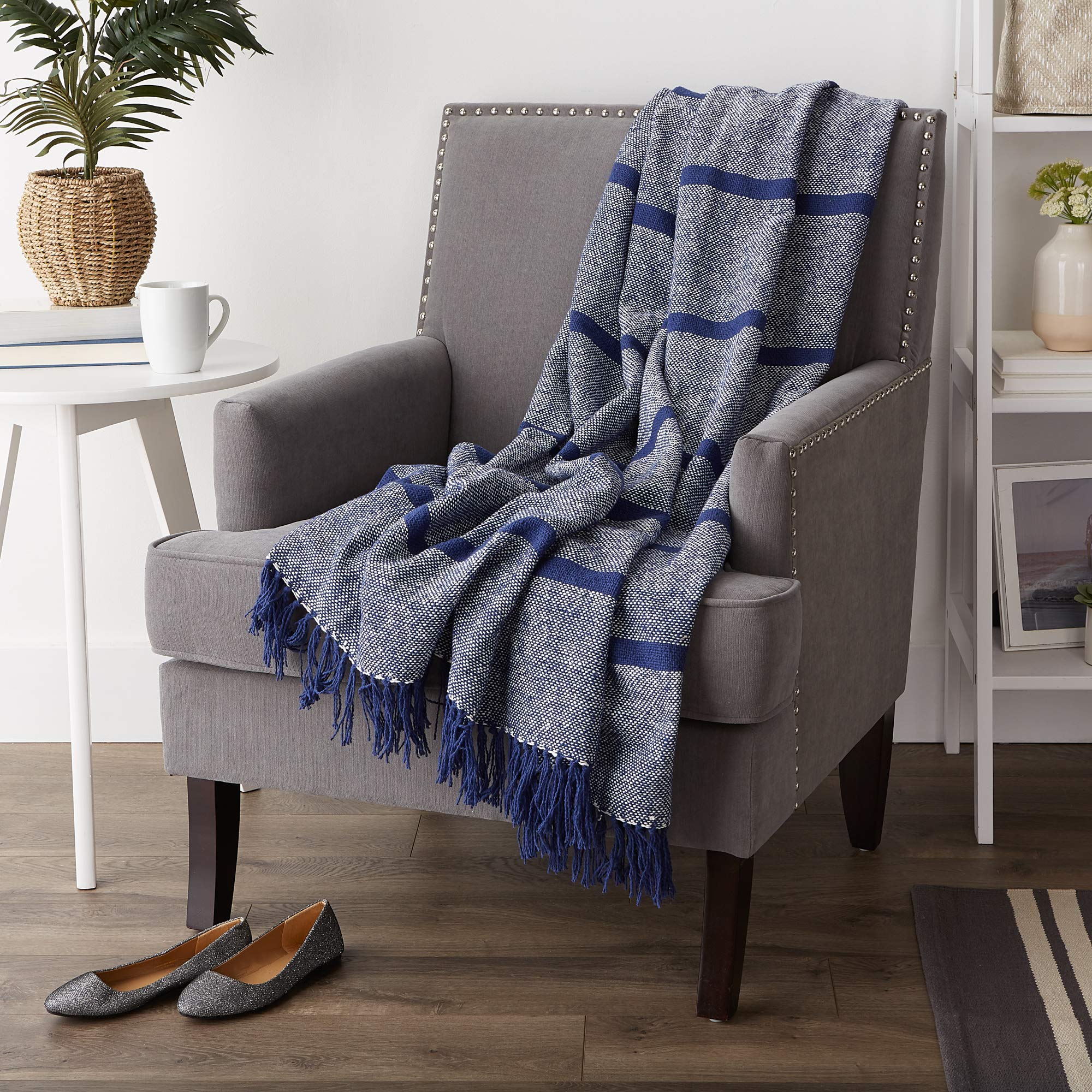 DII Navy Stripe Homespun Throw, 50x60 with 2.5" Fringe