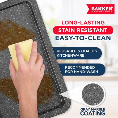 BAKKEN Nonstick Baking Pans - Commercial Grade Carbon Steel Cookie Sheet, 13.18" x 8.66", Oven Safe to 450°F, Gray Marble