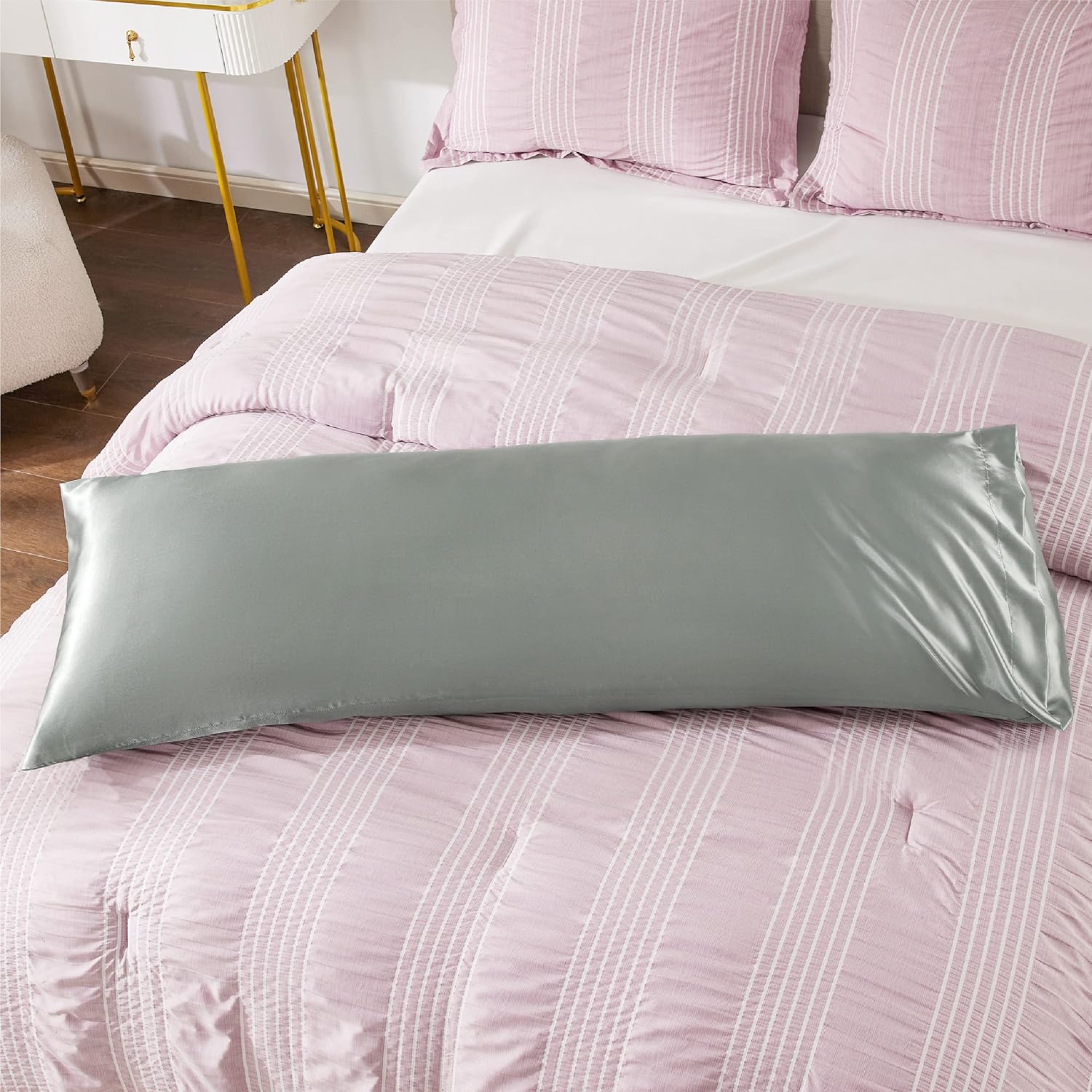 Bedsure Satin Body Pillowcase - Cooling Silky Cover for Hair & Skin | Grey, 20x54 Inches