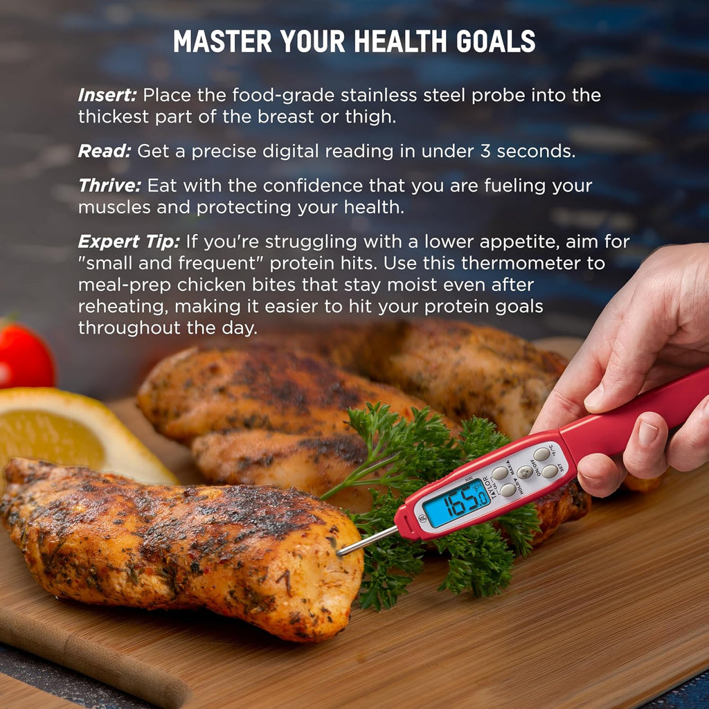 Taylor Digital Instant Read Meat Thermometer - Waterproof Kitchen Probe for Perfectly Cooked Chicken, Steak & BBQ | Fast Temperature Check, Blue Backlight Display, Red