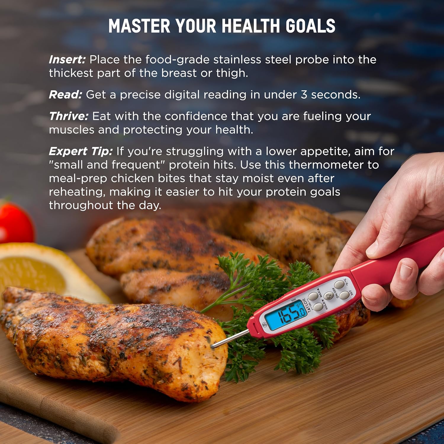 Taylor Digital Instant Read Meat Thermometer - Waterproof Kitchen Probe for Perfectly Cooked Chicken, Steak & BBQ | Fast Temperature Check, Blue Backlight Display, Red