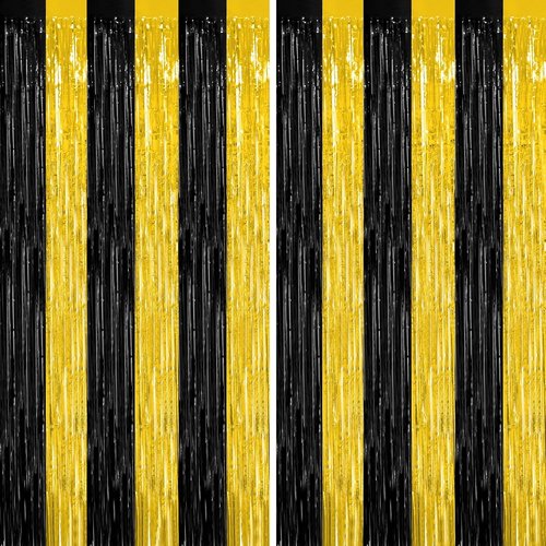 2 Pack Black and Gold Foil Fringe Curtains by [Brand Name] - Graduation Backdrop | 3.28 FT x 7.05 FT Party Decorations for Class of 2026