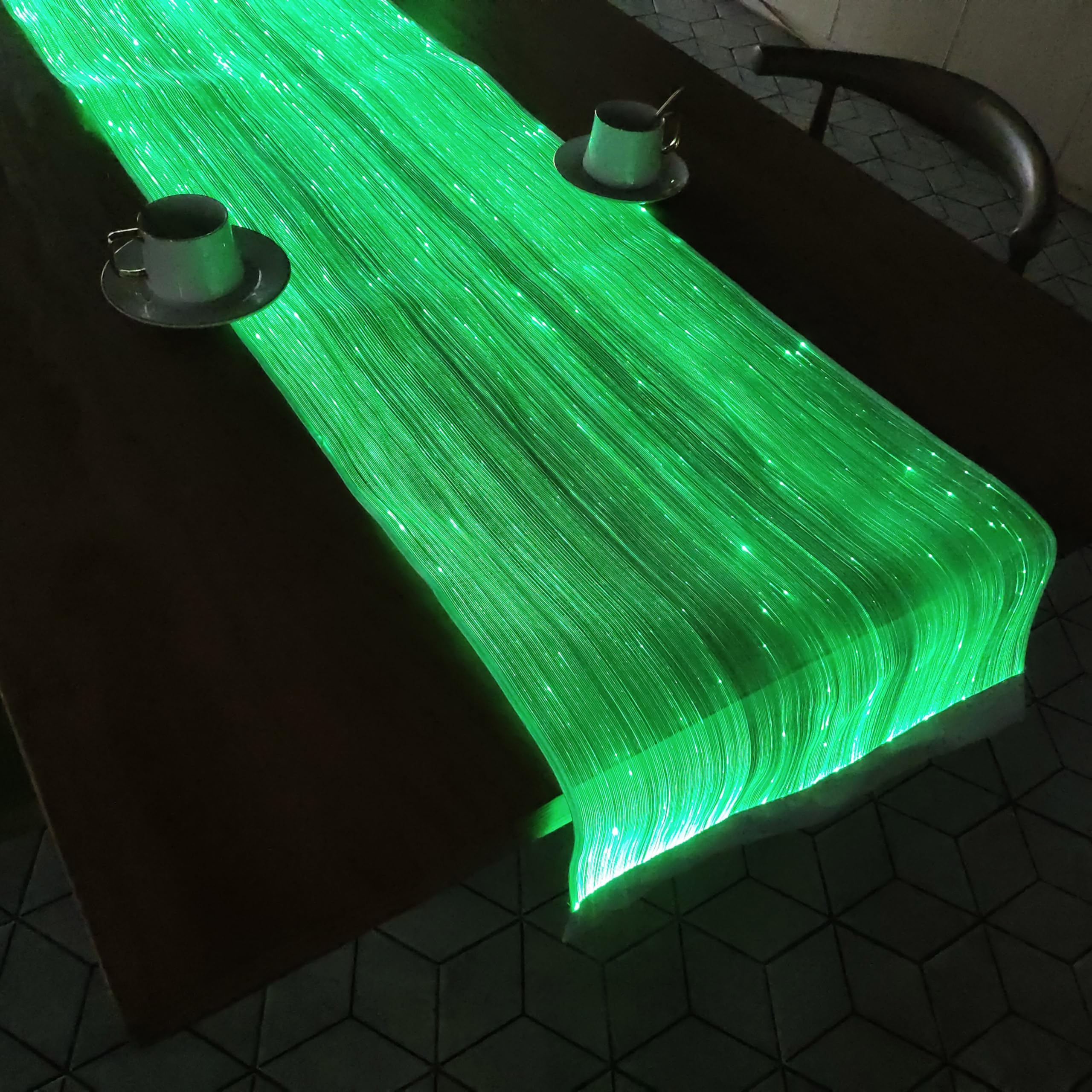 LED Light Up Coffee Table Runner - Fiber Optic Fabric Table Cloth Cover for Party Wedding Halloween Christmas (Black Fabric)