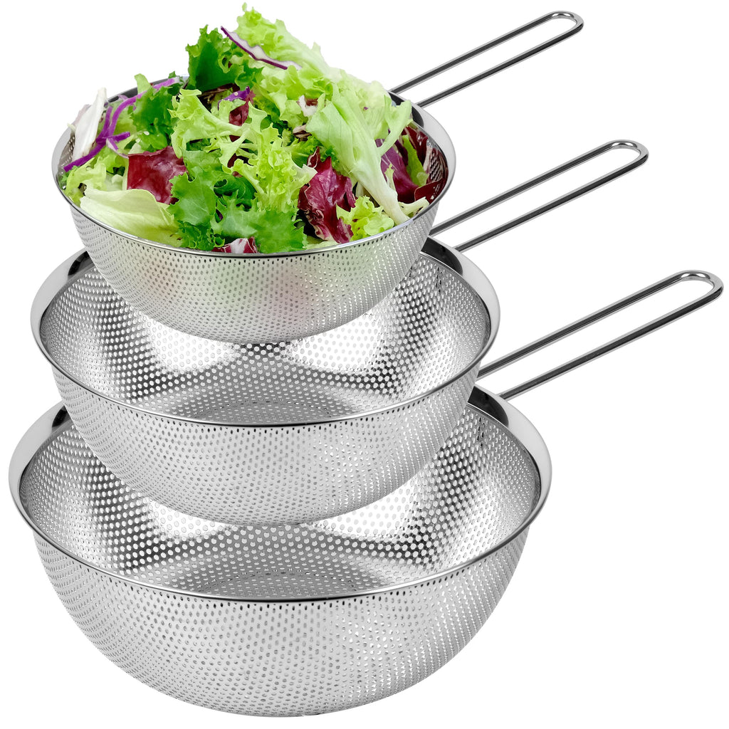 COMPORT K Premium 18/8 304 Stainless Steel Set of 3 – Micro-Perforated Strainer with Long Handle, Self-Draining Base for Pasta Rice Vegetables, 18/8 304 Heavy Duty (1.5, 2.5, 4 Qt) Made in Korea