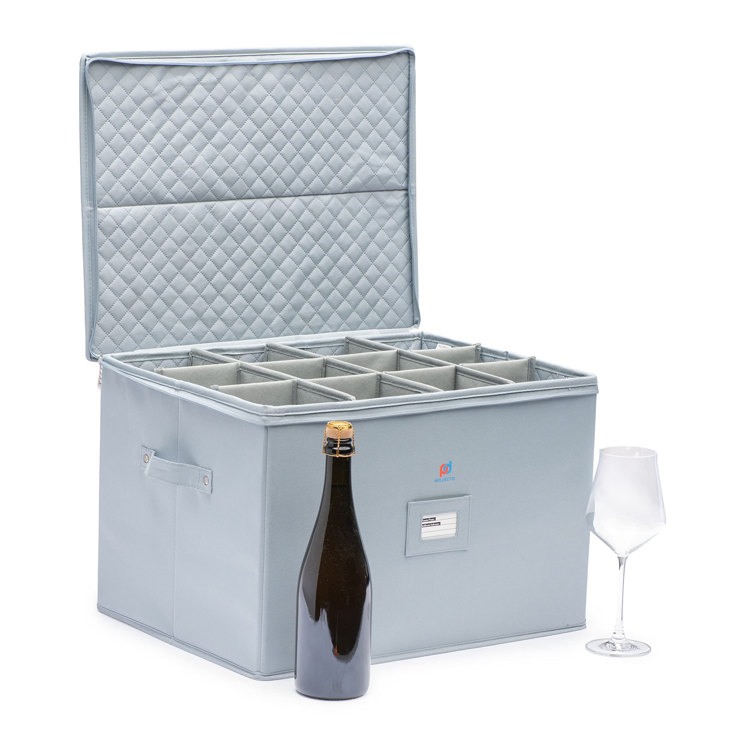 MOJECTO Extra Large Tall Hard Stemware Storage Box (20x15.5x13.2 In). 12-Large Padded Compartments For Wine Bottles, Glasses, Flutes, martini Up To 13.2 In Tall