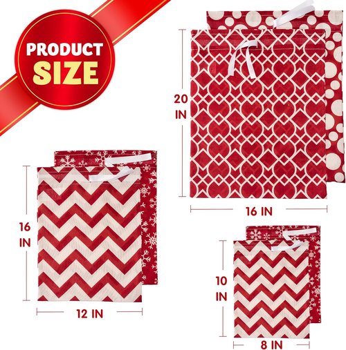 JOYIN Fabric Gift Bags - Elegant Red Design | 6-Pack in 3 Sizes for Holiday Present Giving