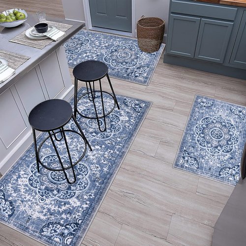 Ileading Boho Kitchen Rugs Sets 3 Piece with Runner Floral Kitchen Floor Mat Carpet Large Farmhouse Kitchen Rugs and Mats Non Skid Washable Runner Rug for Kitchen Floor Office Sink Laundry, Blue