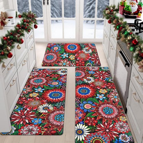 Likiyol Boho Kitchen Rugs Floral Kitchen Mats for Floor Bohemian Cushioned Anti Fatigue Mats for Kitchen Floor Non Slip Washable Kitchen Mat for Home, Sink, 18''x30''+18''x48''+18''x60'', Red