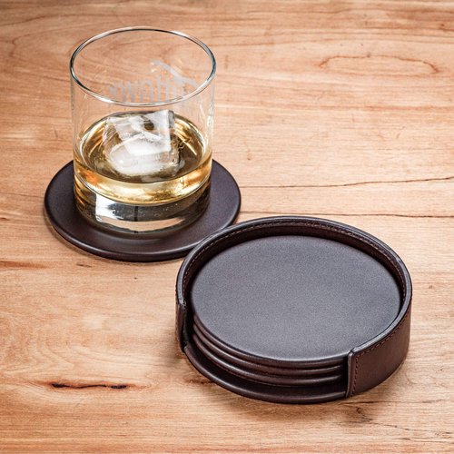 Dacasso Chocolate Brown Leather 4-Round Coaster Set