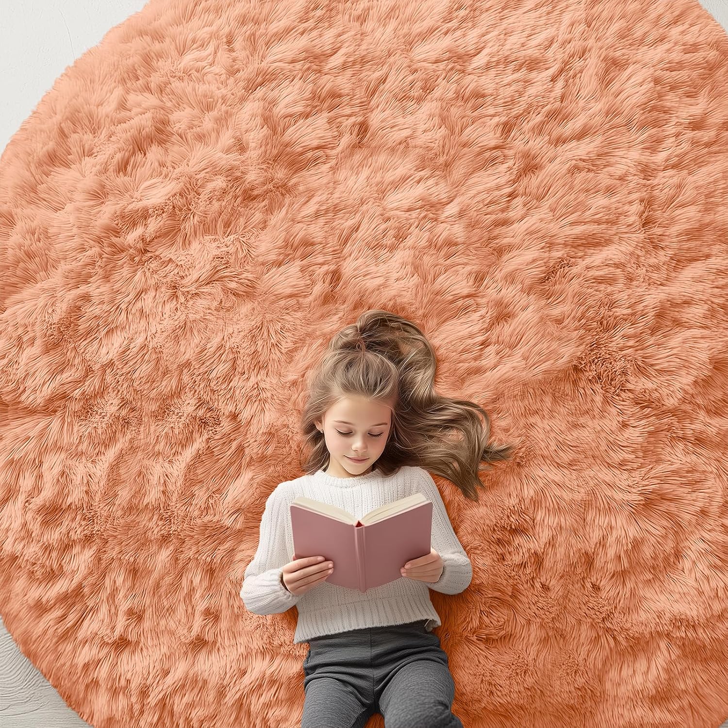 OLANLY Round Area Rug - Muted Orange, Soft & Fluffy Shaggy Carpet, 8 ft Circle for Bedroom & Living Room