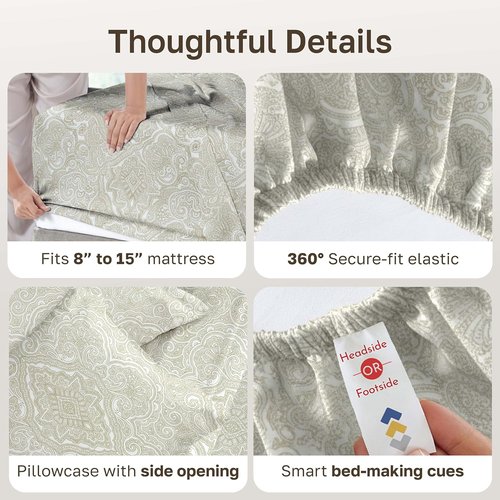 California Design Den Twin XL Cotton Sheets Set - 100% Soft Cotton, 400 Thread Count, Award-Winning Paisley Beige