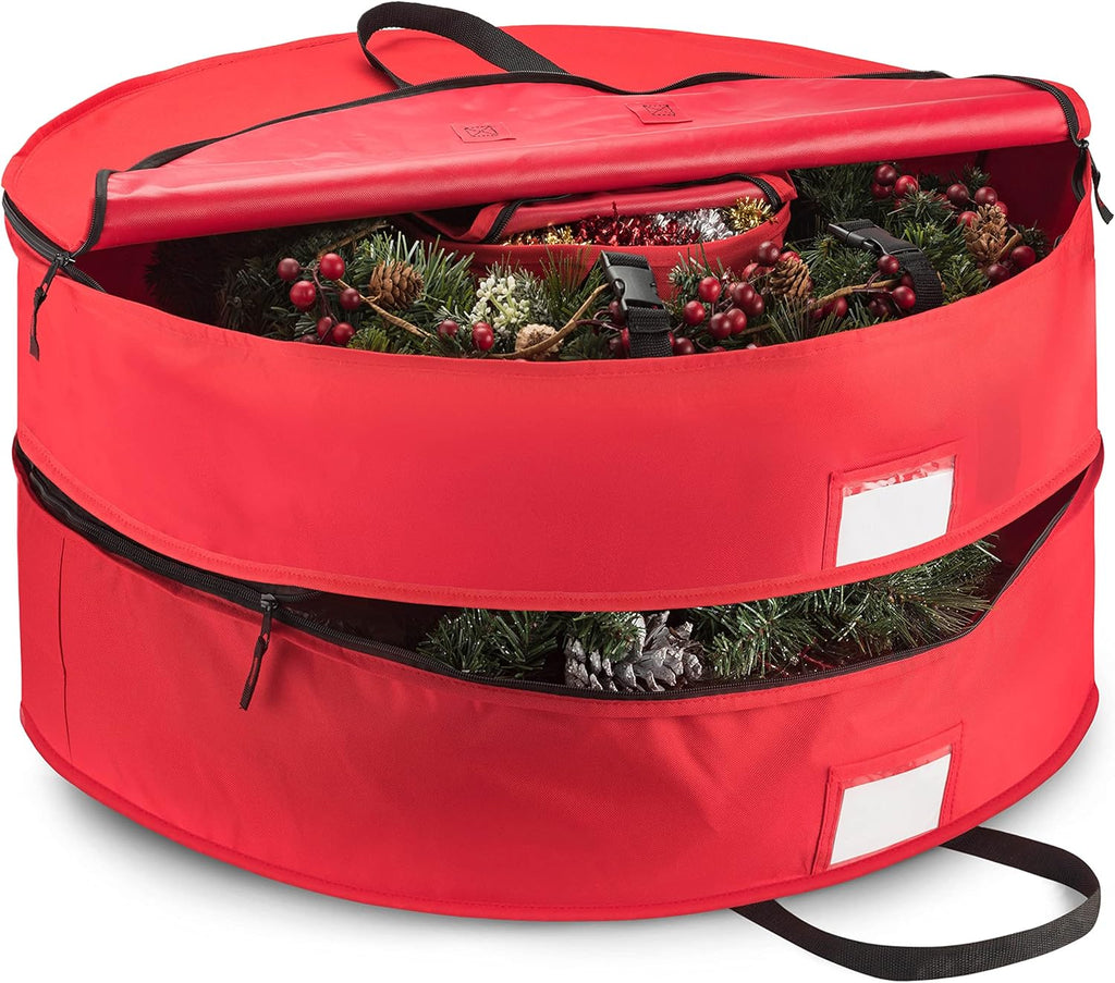 ZOBER Christmas Wreath Storage Container - 24 Inch Wreath Bag for 2 Wreaths | Durable 600D Oxford Fabric, Red