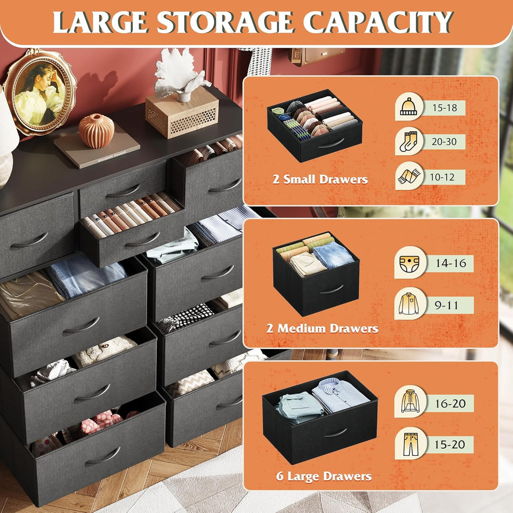 WLIVE Dresser - 10 Drawer Fabric Chest with Side Pockets & Hooks | Sturdy Metal Frame, Black