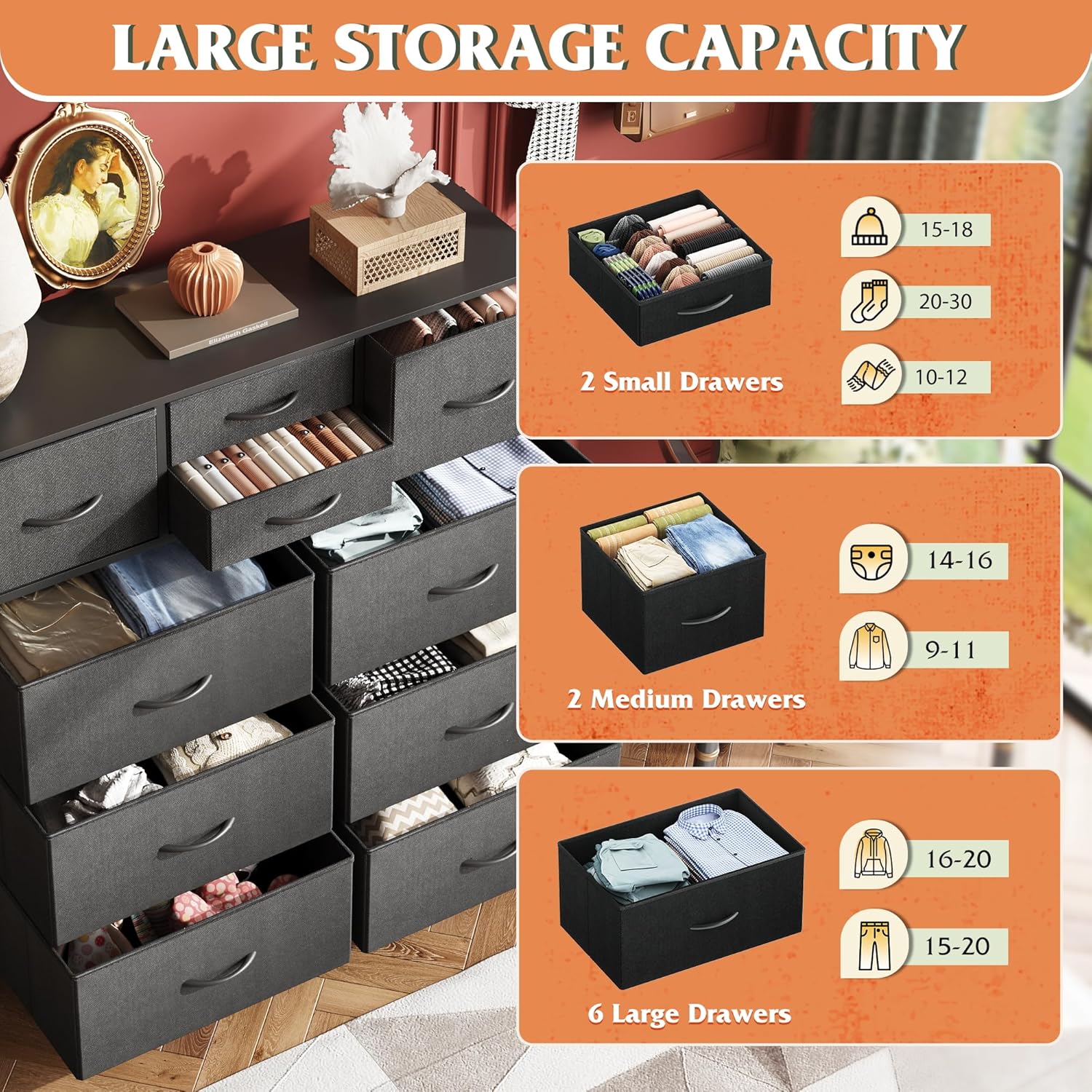 WLIVE Dresser - 10 Drawer Fabric Chest with Side Pockets & Hooks | Sturdy Metal Frame, Black