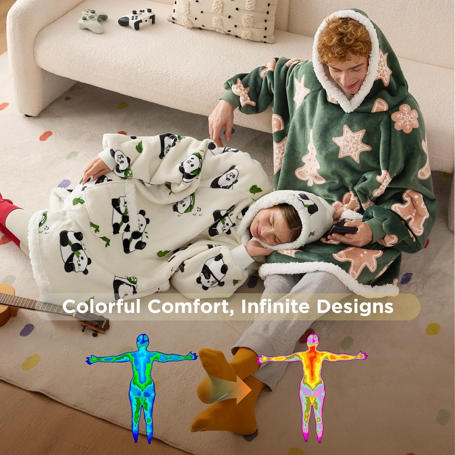 Bedsure Wearable Blanket Hoodie - Cozy Sherpa Hooded Blanket for Adults & Kids | Gingerbread & Olive Green