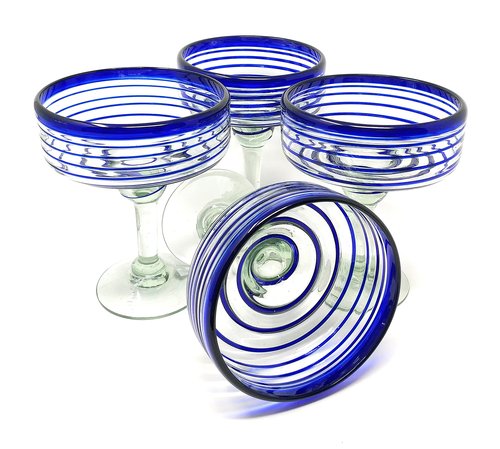Dos Sueños Mexican Hand Blown Glass – Set of 4 Hand Blown Margarita Glasses (16 oz) with Blue Spiral Design