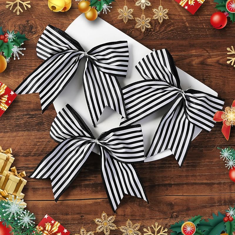 Black & White Christmas Tree Bow Decor 12 Pcs - Large Striped Ribbon Ornaments