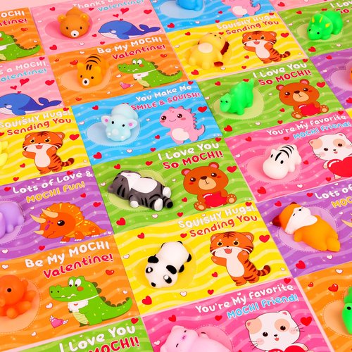 FLYSNK 28 Pack Valentines Day Cards for Kids with Animals Mochi Squishies Fidget Toys, Valentines Classroom Exchange Gifts, School Prizes Party Favors for Boys & Girls