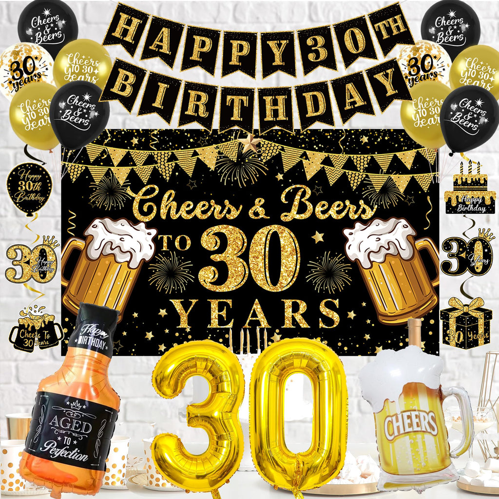Vlipoeasn 30th Birthday Decorations for Him, Cheers and Beers to 30 Years Decorations for Men, Happy 30th Birthday Decor Kit with Backdrop Banner, King Sash