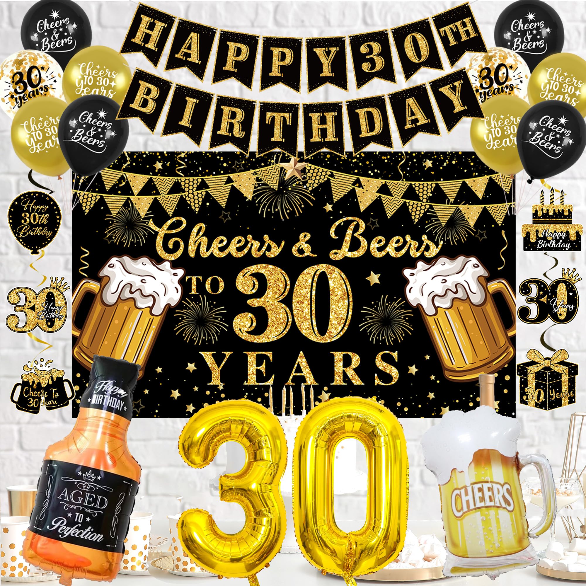 Vlipoeasn 30th Birthday Decorations for Him, Cheers and Beers to 30 Years Decorations for Men, Happy 30th Birthday Decor Kit with Backdrop Banner, King Sash