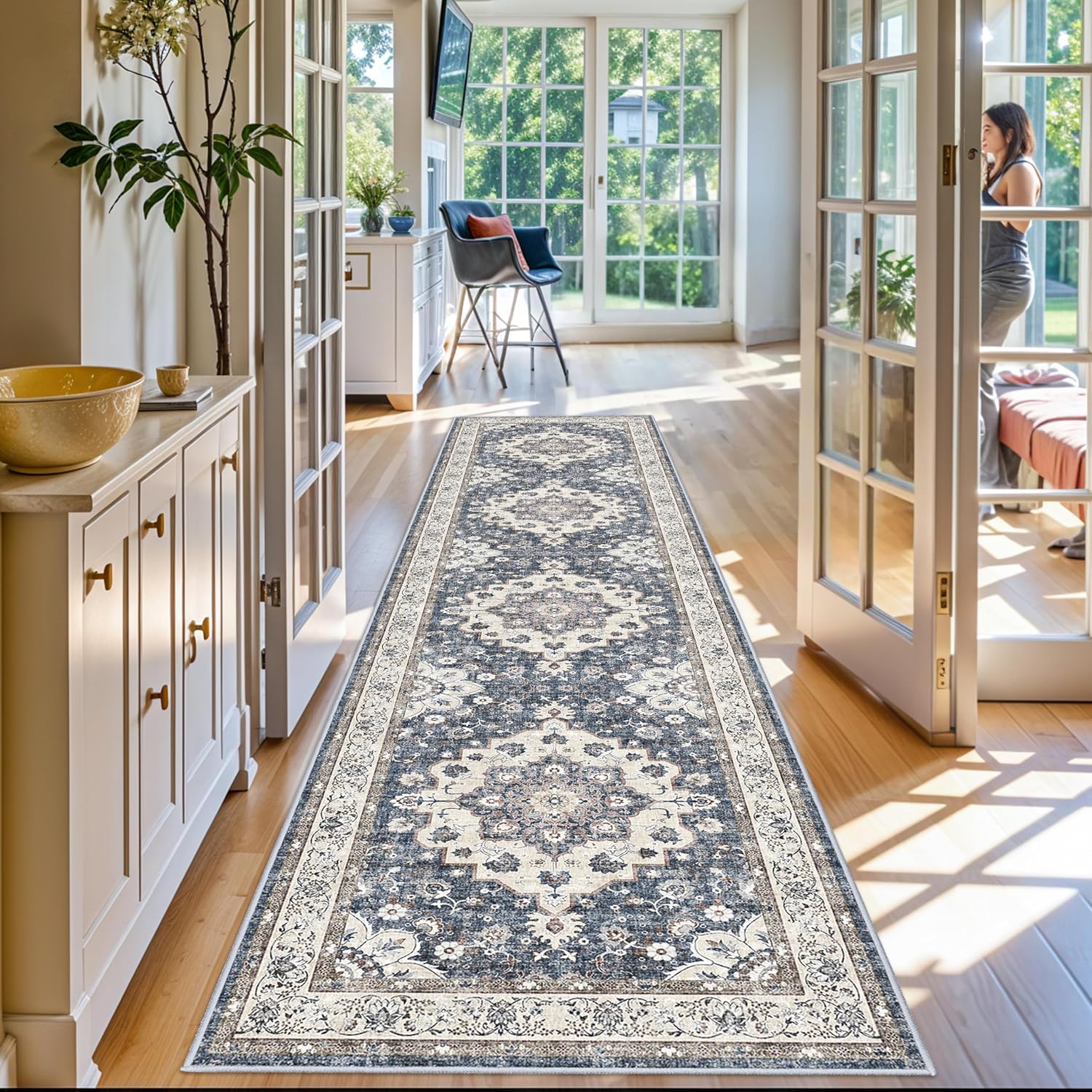 Skiennix Washable 3x12 Hallway Runner Rug - Floral Non-Slip Entryway Carpet | Stain Resistant Blue Mat