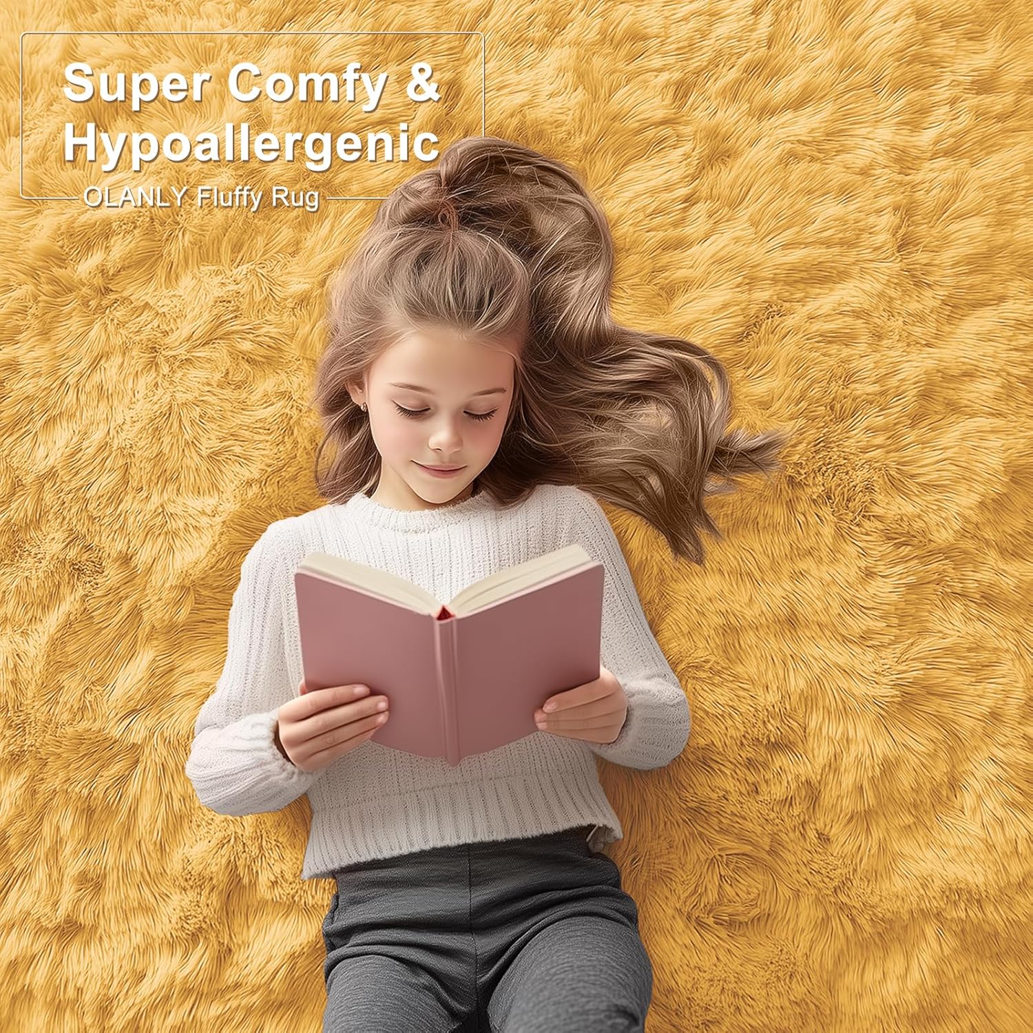 OLANLY Soft Fluffy Shaggy Bedside Rug - 3x5 Machine Washable Indoor Carpet in Mustard Yellow