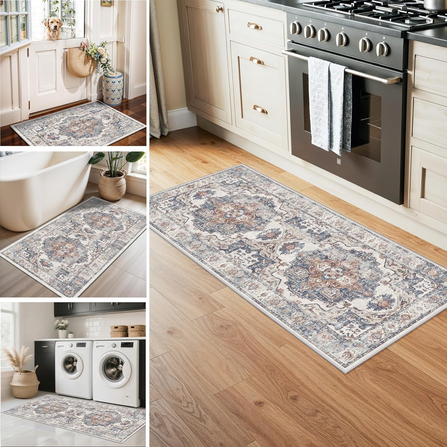 Skiennix Washable Kitchen Rug Set - Non-Slip, Soft & Stain Resistant Mats for Entryway | 3-Piece (2x3, 2x4, 2x5) in Brick