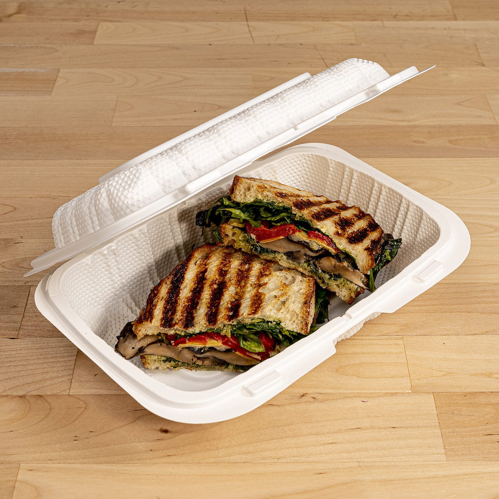 TIYA Clamshell Food Containers - White Bulk 200 Pack, 9x6 in - BPA-Free Plastic To-Go Containers - Microwavable, Hinged, Tall Clamshells Reusable Packing- Great for Meal Prep