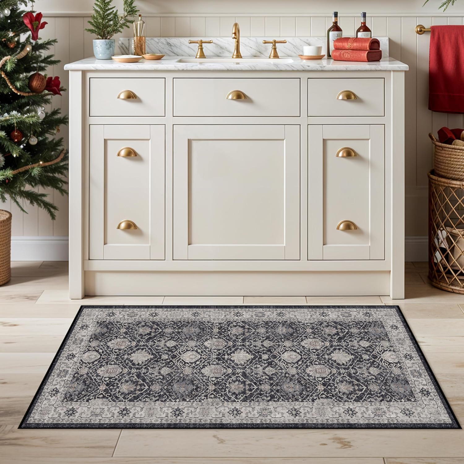 Skiennix 2x4 Washable Area Rug - Stain Resistant Kitchen Runner | Ultra Soft Non-Slip Indoor Carpet in Black