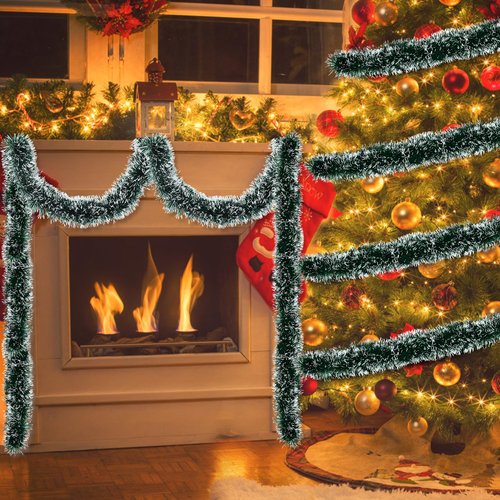 50FT Christmas Tinsel Garland Green Garland for Christmas Tree Decorations, Xmas Tinsel Garlands for Decoration Indoor Outdoor Party Supplies Holiday Decor (Green and White)