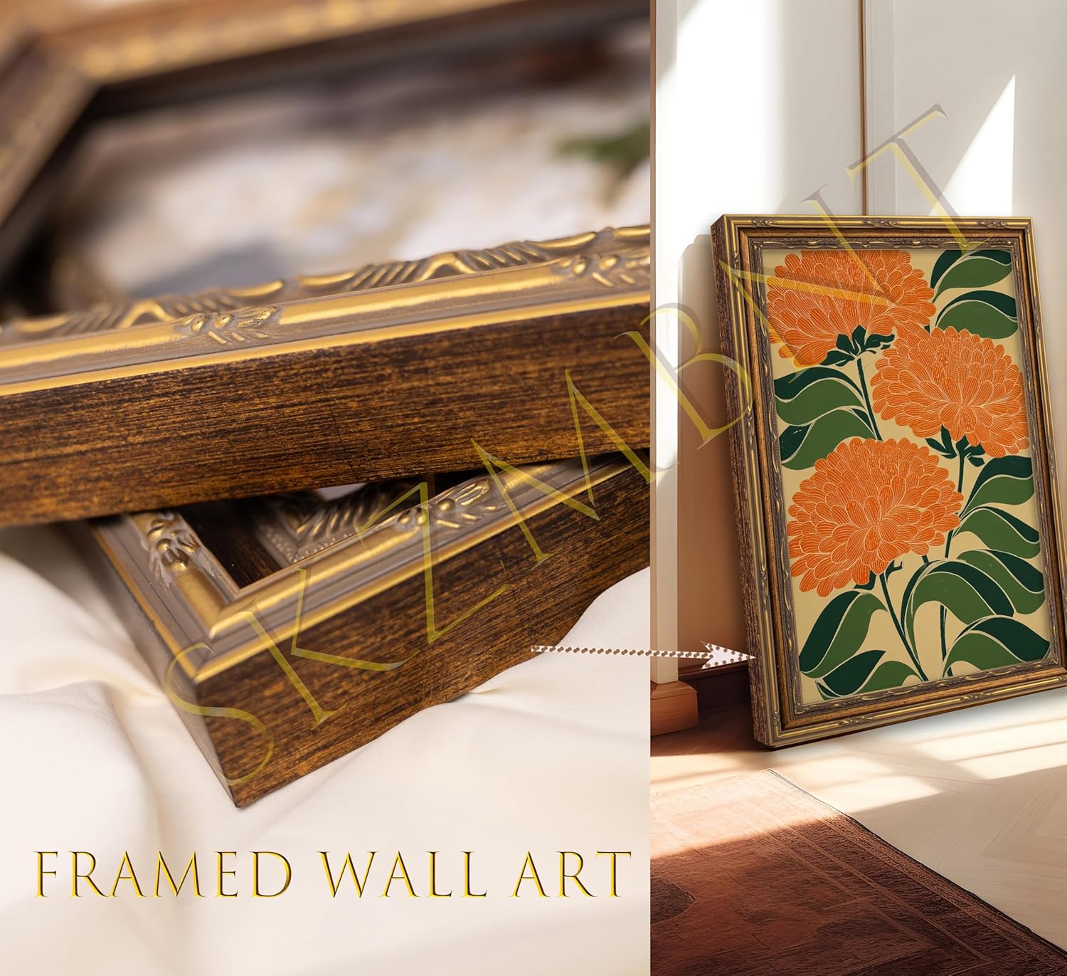 Vintage Gold Framed Canvas Wall Art - Colorful Flower Prints for Living Room & Bedroom Decor