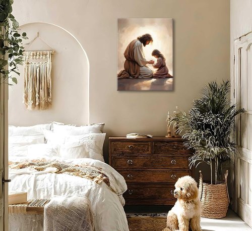 Jesus Praying with Girl Canvas Wall Art - Christian Spiritual Decor | Framed Bible Story Print for Home