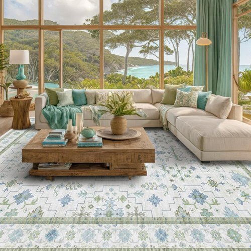 Hazo Haus Living Room Rug - Vintage Boho Floral Design | Washable 7x10 Cream Oushak Area Rug