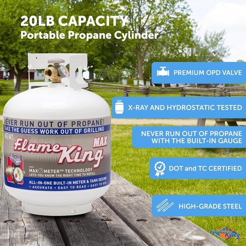 Flame King YSN230 20LB Steel Propane Tank Cylinder - Overflow Protection Valve & Built-In Gauge for Grills | BBQ Ready
